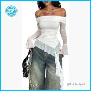 Off Shoulder Mesh Crop Top Y2K Asymmetrical Hem Long Sleeve Ruched
